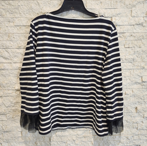 J Crew Black and White Striped Women's Top With Tulle Cuffs Medium - Picture 2 of 6